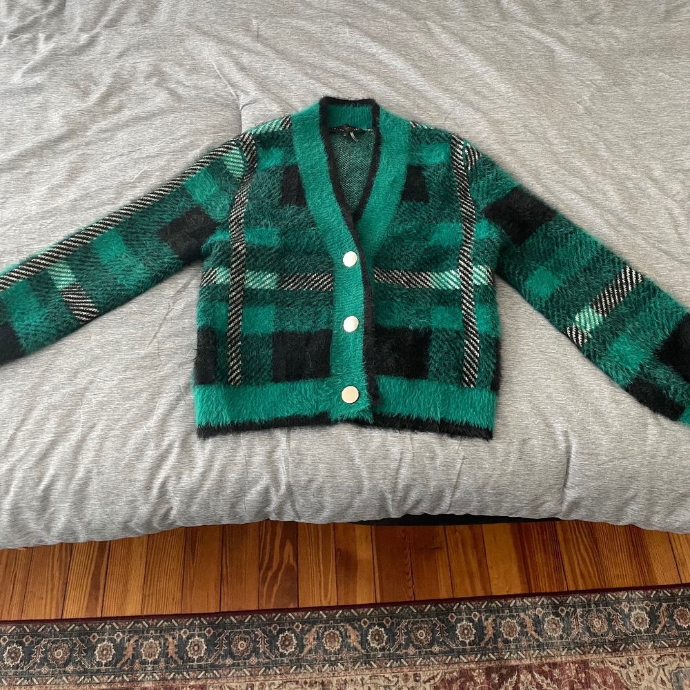 English Factory Green Fuzzy Plaid Sweater Size Medium